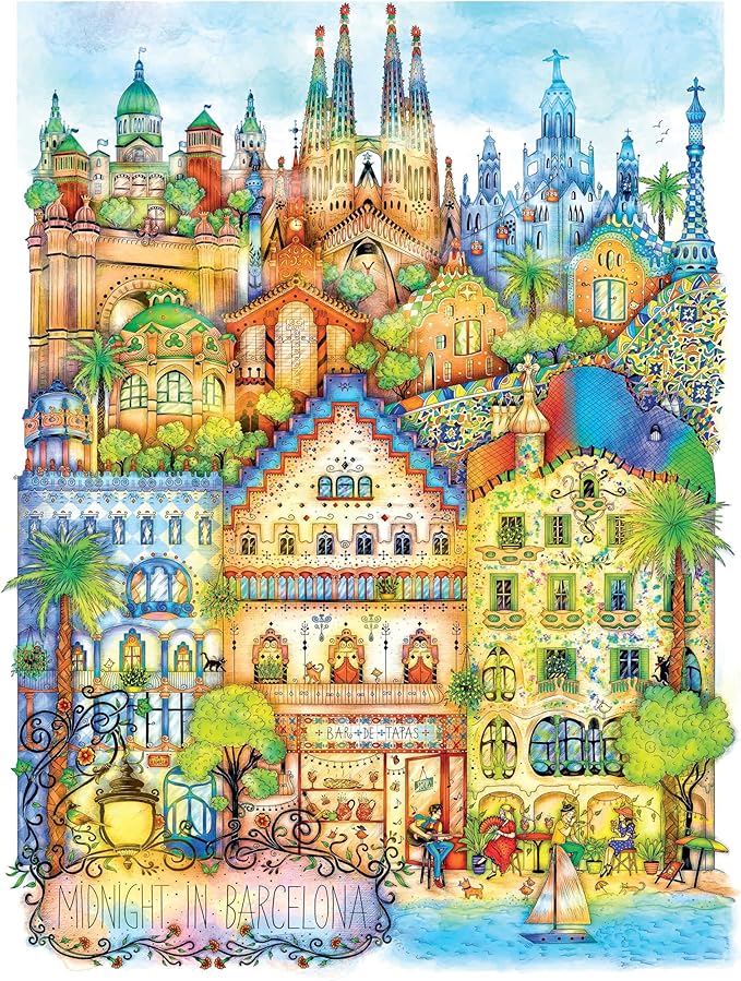 Hard & Challenging 1000 Piece Puzzle for Adults – Barcelona at Midnight by Madalina Tantareanu – Features Sagrada Familia, Park Güell, Casa Batlló – Difficult 27x20 Jigsaw by KI Puzzles