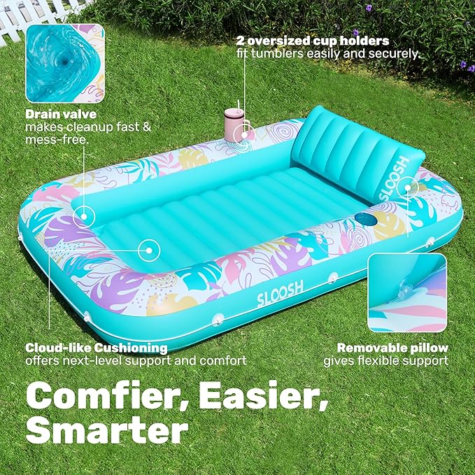 SLOOSH Inflatable Tanning Pool Lounger Float, 85" x 57" Pool Floats Adult with Pillow, 4 in 1 Suntan Tub Raft Floatie,Sunbathing Bed Lounge for Water Blow Up Ball Pit Party Gifts, L-Tropical Blue