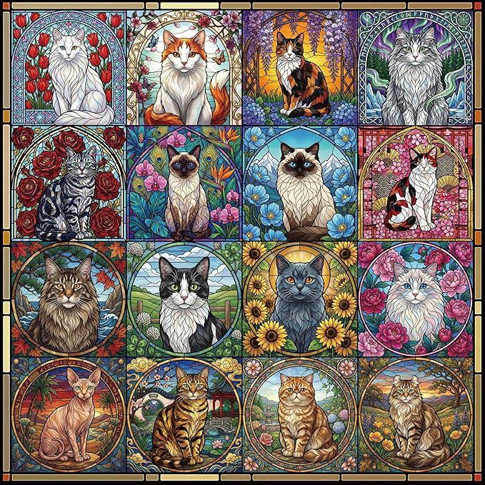 Stained Glass Puzzle Cat Puzzles for Adults 1000 Pieces, Mosaic Art Colorful Flowers Cat Jigsaw Puzzles 1000 Pieces, Hard Difficult Funny Jigsaw Puzzles for Adults
