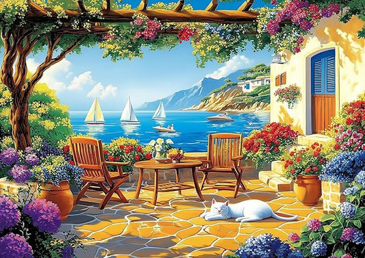 1000 Piece Jigsaw Puzzle for Adults, Seaside Garden Terrace Scene with Colorful Flowers and Cat, Mediterranean Coastal Landscape with Sailboats, Home Decor & Stress Relief