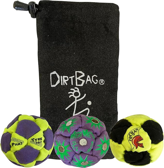 DIRTBAG Lover Footbag 3-Pack with Pouch, Includes Three Original and Unique Premium Quality Hand Sewn Footbags and Carry Pouch.