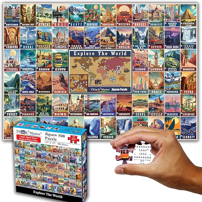 Think2Master Colorful Vintage World Travel Poster 500 Pieces Large Format Jigsaw Puzzle for 13+, Teens, Adults & Families. Great Gift for People Intent in Traveling The World. Size: 26.8” X 18.9”