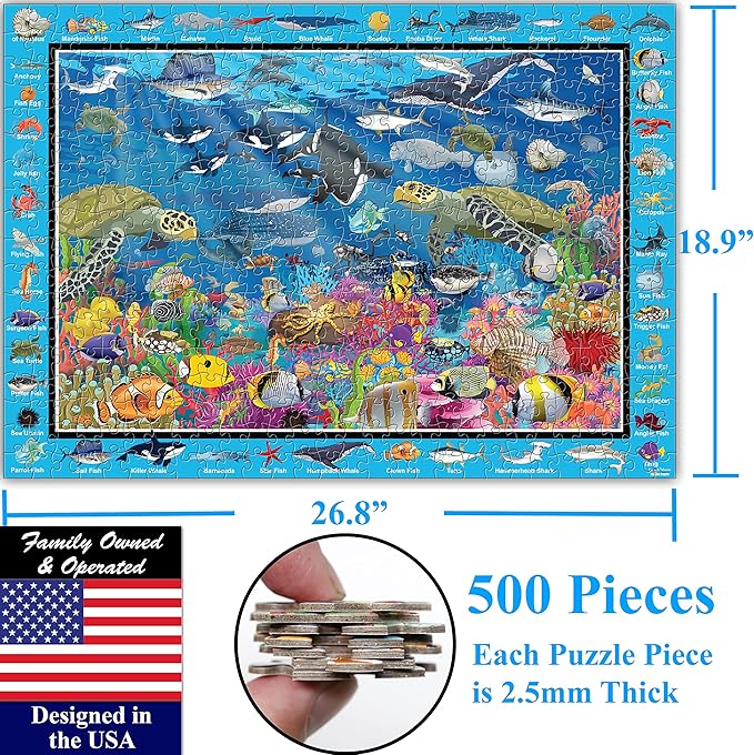 Think2Master Colorful Ocean Life 500 Pieces with Large Pieces Jigsaw Puzzle for 13+, Seniors, Adults & Families. Great Gift for stimulating Learning About Coral Reefs. Size: 26.8” X 18.9”
