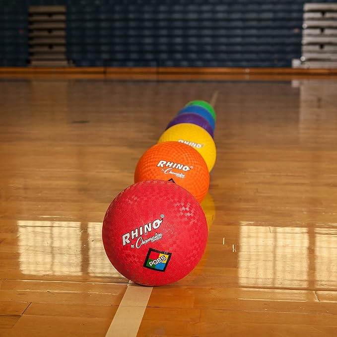 Champion Sports Rhino Playground Ball Set, 8.5"D -Two-Ply, Nylon Wound - Set of 6 Colors With Bag and Pump