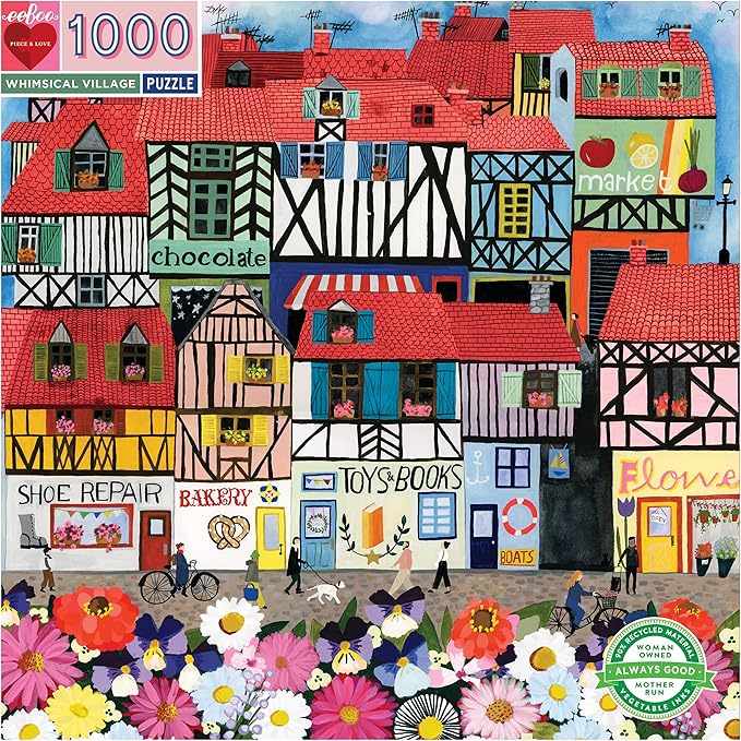 eeBoo: Piece and Love Whimsical Village 1000-piece square Jigsaw Puzzle for Adults and Families, Includes Glossy, Sturdy Pieces and Minimal Puzzle Dust