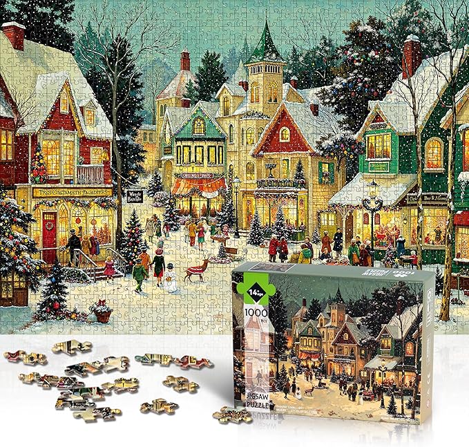 Christmas Puzzles for Adults 1000 Pieces, Winter Holiday Snow Town, 1000 Piece Puzzle for Adults Seniors, Christmas Vacation Jigsaw Puzzles with Letters on Back, Fun Gifts Decor, 1:1 Poster