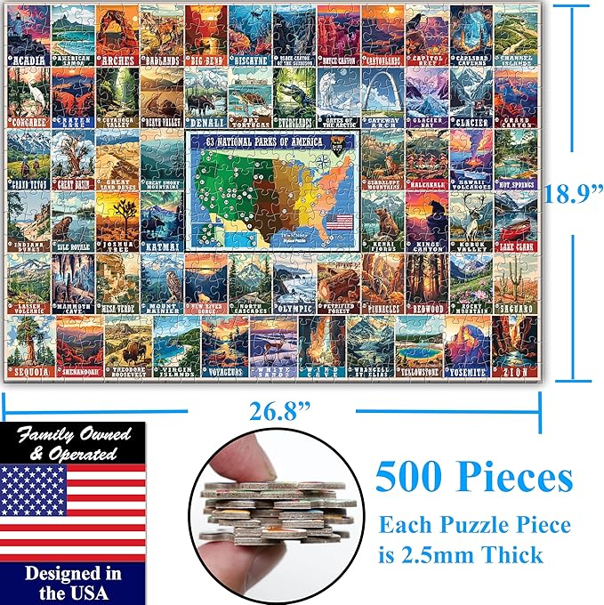 Think2Master Colorful Vintage USA National Parks 500 Pieces Very Large Pieces Jigsaw Puzzle for 13+, Adults & seiors. Great Gift for People Interested in Traveling. Size: 26.8” X 18.9”