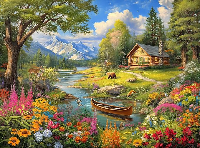1000 Piece Jigsaw Puzzle for Adults - Log Cabin by a Mountain Lake - Challenging Puzzle - Adult 1000 Piece Puzzle - Wildlife Floral Landscape Scene with Canoe. 20x27 inches
