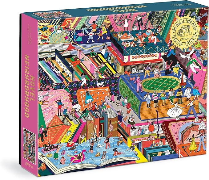 Galison Novel Neighborhood – 1000 Piece Foil Puzzle with Bright and Bold Literature and Iconic Books Artwork with Gold Foil Accents for Adults and Families