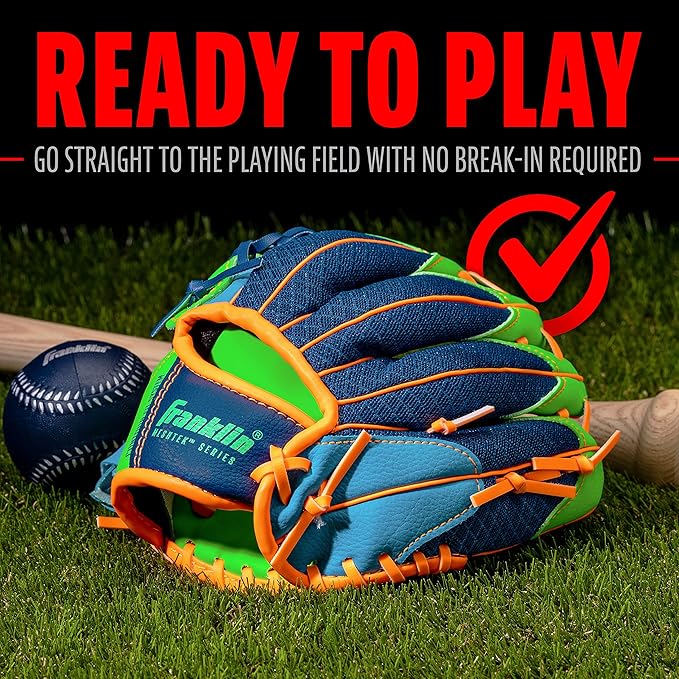 Franklin Sports Kids Baseball Glove + Foam Ball Sets - Meshtek Youth Teeball Gloves for Kids + Toddlers - Left + Right Hand Throw - 9.5" Inch