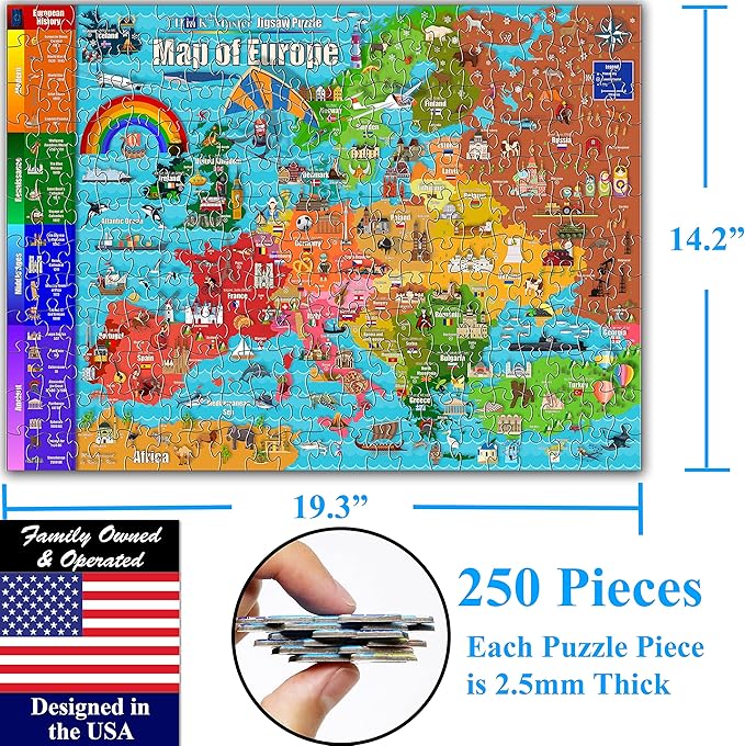 Think2Master Colorful Map of Europe 250 Pieces Jigsaw Puzzle. Great Puzzle for Adults & Seniors Easier to Handle Larger Pieces. Size: 14.2” X 19.3”