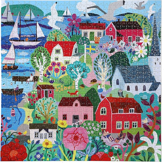 eeBoo 1000 Piece Puzzle - Swedish Fishing Village Jigsaw Puzzle for Adults, Square 23" x 23" Made with Recycled Board & Vegetable-Based Ink