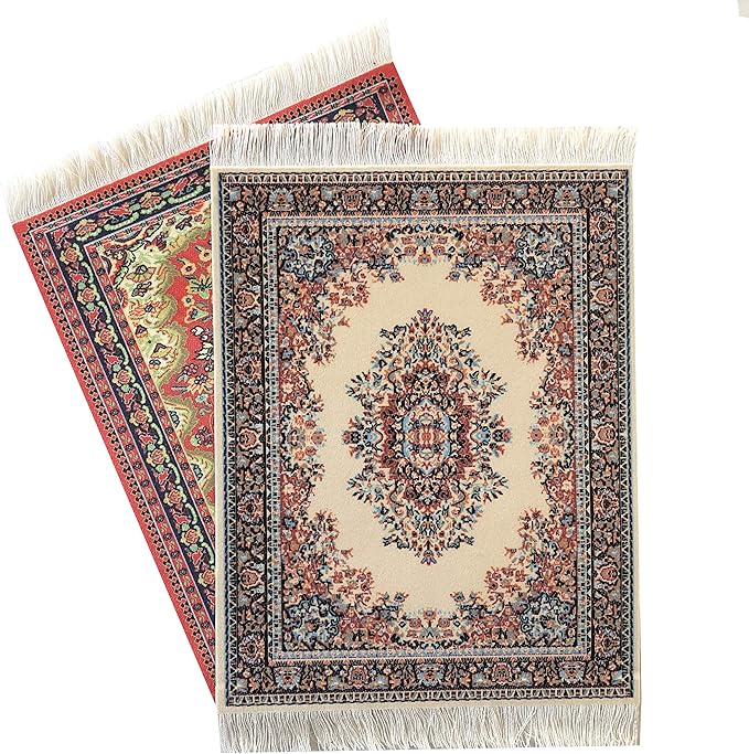 Set of 2 Dollhouse Area Rugs – Miniature Carpet Accessories for Doll Houses, 10 x 7 Inch Rectangular Floor Décor, Oriental Style