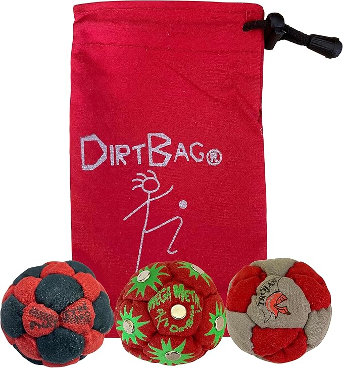 DIRTBAG Lover Footbag 3-Pack with Pouch, Includes Three Original and Unique Premium Quality Hand Sewn Footbags and Carry Pouch.