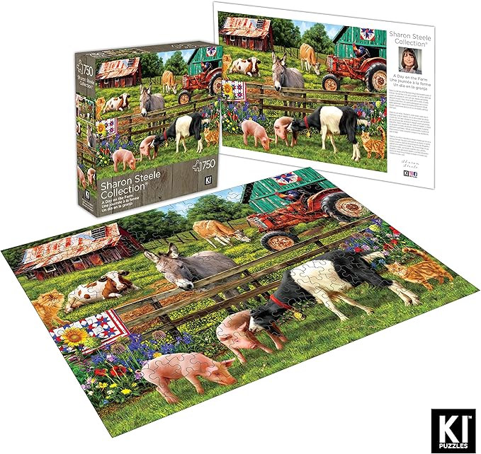 Sharon Steele 750 Piece Jigsaw Puzzle for Adults – A Day on The Farm – Difficult, Challenging, Hard & Fun Country Farmhouse Puzzle – Large 27” x 20” Whimsical Artwork – Gift for Puzzle Lovers