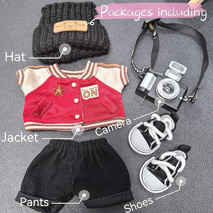 Baseball Doll Clothes Set for Doll 15cm 17cm, Sporty Outfits - Knit Hat, Jacket, Pants, Shoes & Detachable Mini Camera Accessories, Hiking/Camping/Snow Play Clothing for Plush Figures - Red/Black