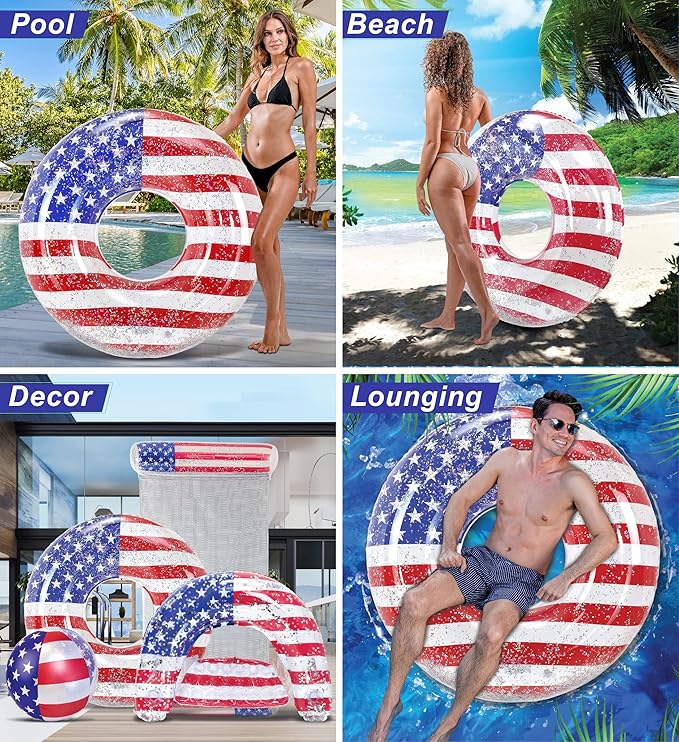 POZA Inflatable USA Pool Float - Luxurious Fun Lounger Filled with Sparkle Silver Stars Confetti, Cool USA Flag Design Water Swimming Pool Floaties for Beach, Lake & Pool