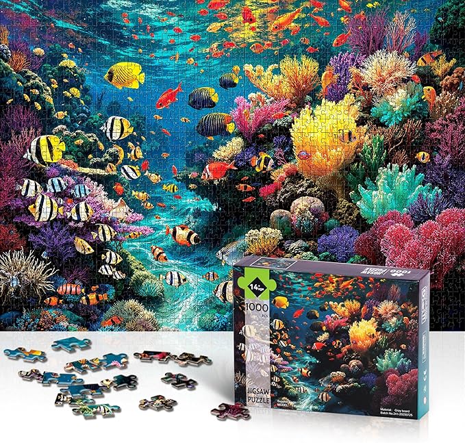 Puzzles for Adults 1000 Pieces, Ocean Sea Animal Fish Coral, Nature 1000 Piece Puzzle for Adults Seniors, Hard Jigsaw Puzzles for Adult with Letters on Back, Fun, 1:1 Poster