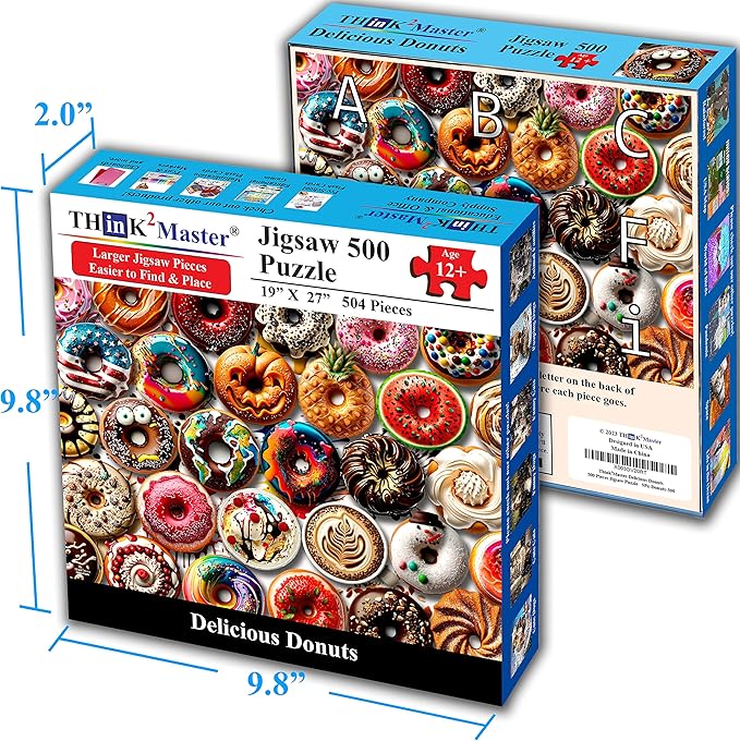 Think2Master Donuts 500 Pieces Jigsaw Puzzle with Very Large Pieces for Adults, Seniors & Families. Great Gift Ages 13+. Size: 26.8” x 18.9”