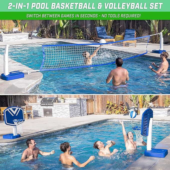 GoSports Splash Hoop 2-in-1 Full Court Pool Basketball & Volleyball Game Set