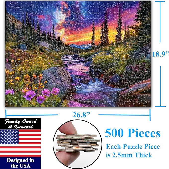 Think2Master Starry Mountain River 500 Pieces Large Format Jigsaw Puzzle: 13+, Teens, Adults & Families.Vibrant Starry Night & Milkyway Landscape with Flowers. Great Gift. Size: 26.8” X 18.9”