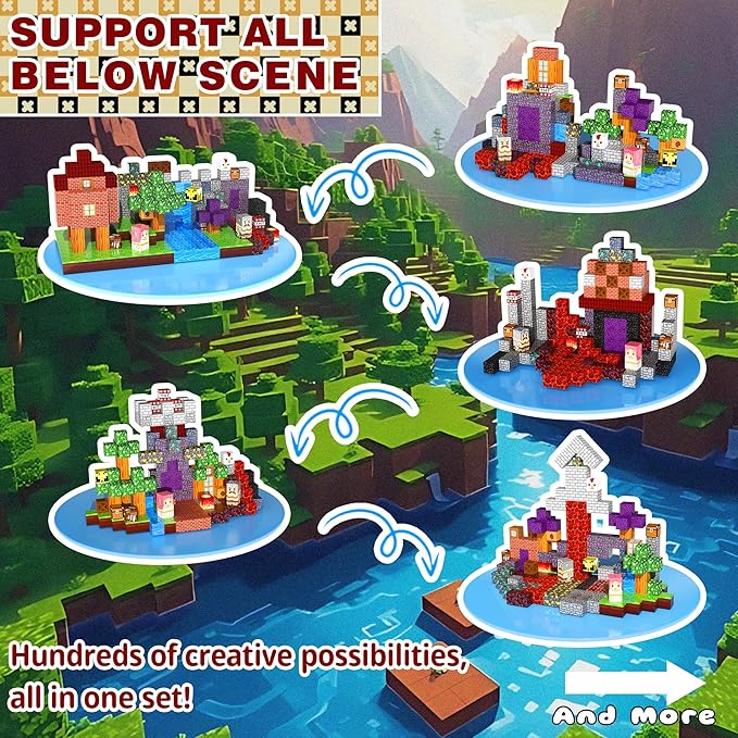 200PCS Magnetic Building Blocks Set – 0.8in Pixel World Construction Toys, Strong Magnets, STEM Creative Play Set for Kids Ages 3+, Village, Lava & Portal Scenes