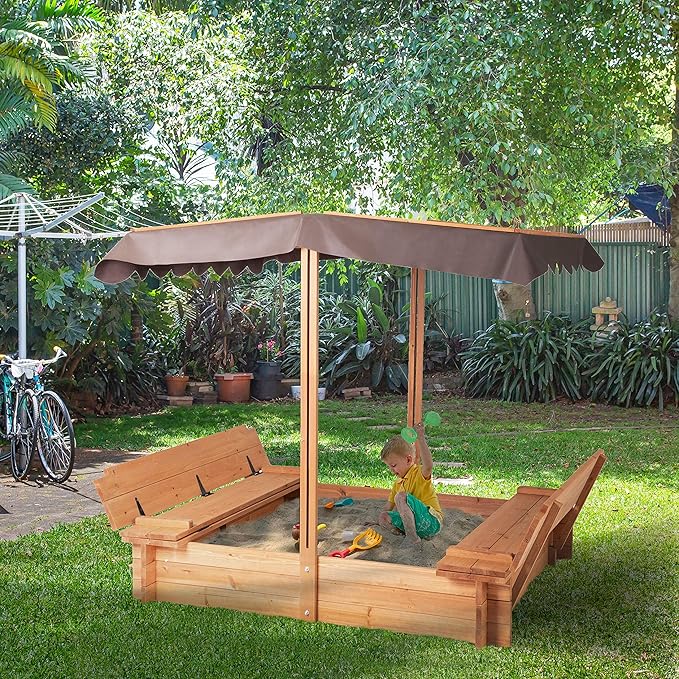 BIRASIL Wood Sandbox with Cover, Sand Box with 2 Bench Seats for Aged 3-8 Years Old, Sand Box for Backyard Garden, Beach Patio Outdoor (Natural Wood, 48 Inch)