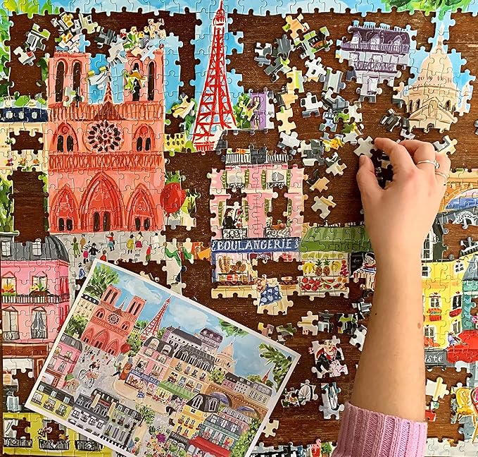 eeBoo 1000 Piece Puzzle - Paris in a Day Jigsaw Puzzle for Adults, Rectangular 28" x 21" Made with Recycled Board & Vegetable-Based Ink