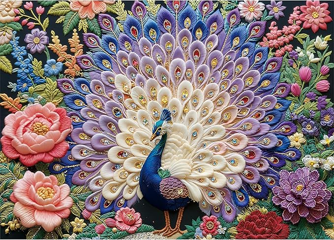 Crystal Peacock Puzzles for Adults 1000 Pieces, Pretty Embroidery Diamond Adults Puzzles,Perfectly Letter on Back No Dust, Matte Finish 3D Embroidery Puzzles Home Decor, 27.5" x 19.7" Gifts Games