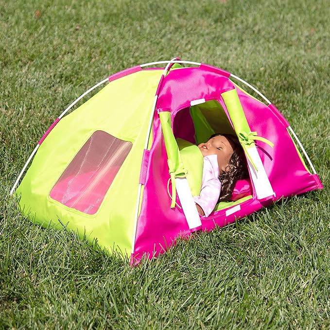 Dress Along Dolly Doll Camping Bed Tent w Sleeping Bag & Pillow - Premium Handmade Furniture Accessories for 18" Dolls - Large Sized -23"x 15"x14"