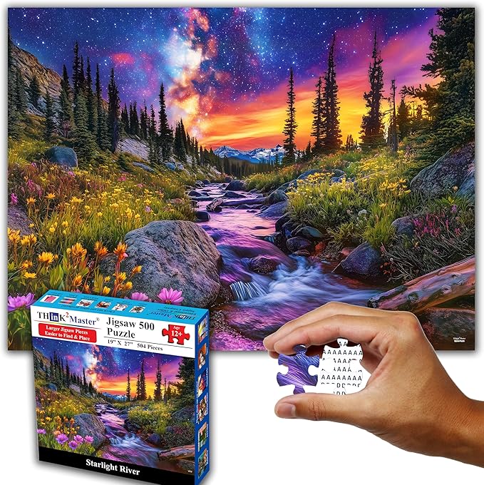Think2Master Starry Mountain River 500 Pieces Large Format Jigsaw Puzzle: 13+, Teens, Adults & Families.Vibrant Starry Night & Milkyway Landscape with Flowers. Great Gift. Size: 26.8” X 18.9”